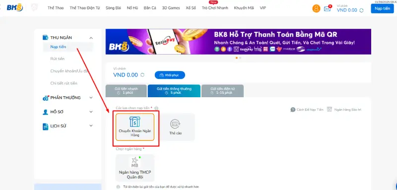 Nạp BK8 qua ngân hàng