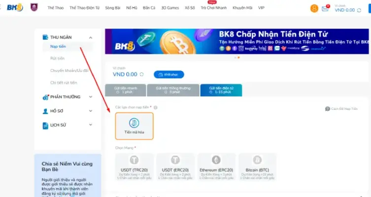 Nạp tiền mã hóa vào BK8