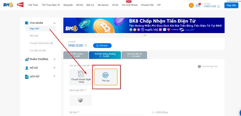 Nạp vào BK8 bằng thẻ cào