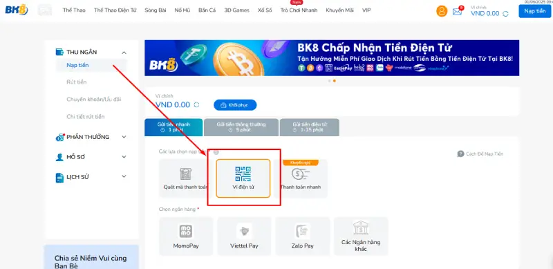 Nạp vào BK8 qua ví điện tử