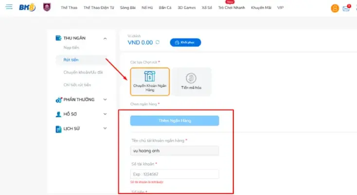 Rút tiền BK8 qua chuyển khoản ngân hàng